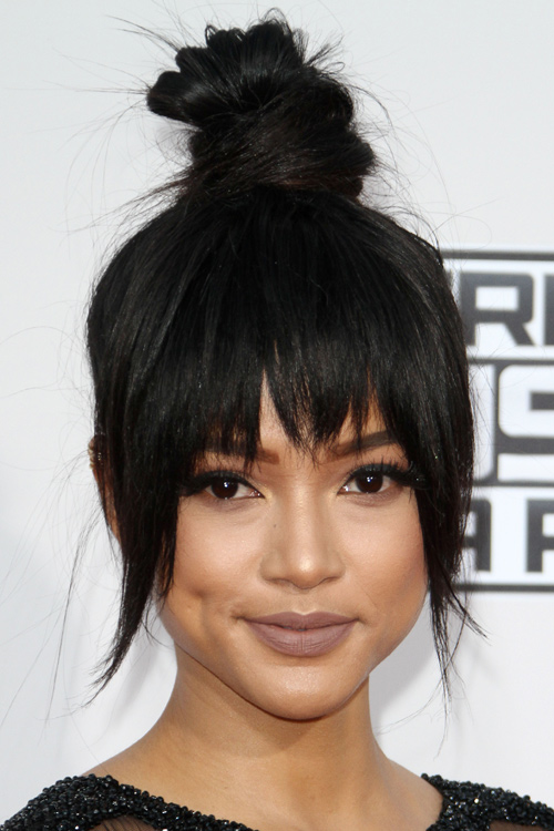 Karrueche Tran Straight Black Bun, Choppy Bangs, Updo 