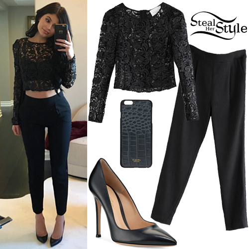 Kylie Jenner Black Crop Top High Waist Pants Set - TheCelebrityDresses