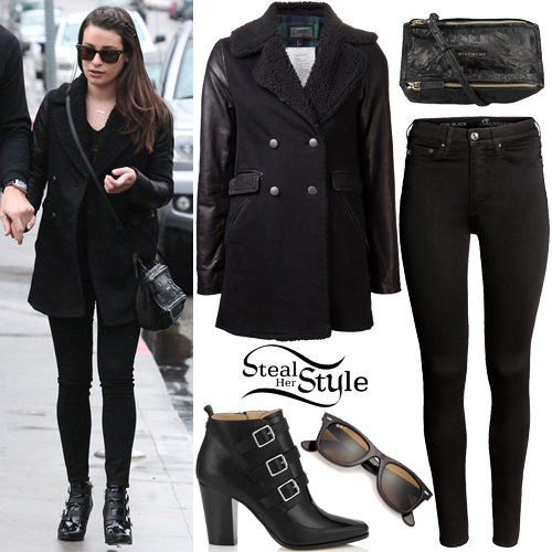 Lea Michele: Black Coat, Patent Ankle Boots | Steal Her Style