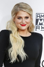 Meghan Trainor Wavy Platinum Blonde Pinned-Back, Side Part Hairstyle ...