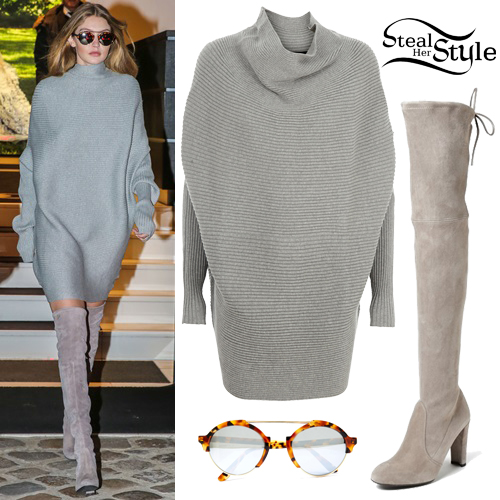Gigi Hadid: Knitted Dress, Suede Knee Boots | Steal Her Style