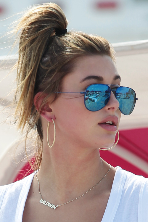 Hailey Baldwin Straight Medium Brown High Ponytail Messy 