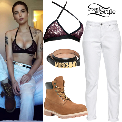 Halsey: Lace Bralette, White Jeans
