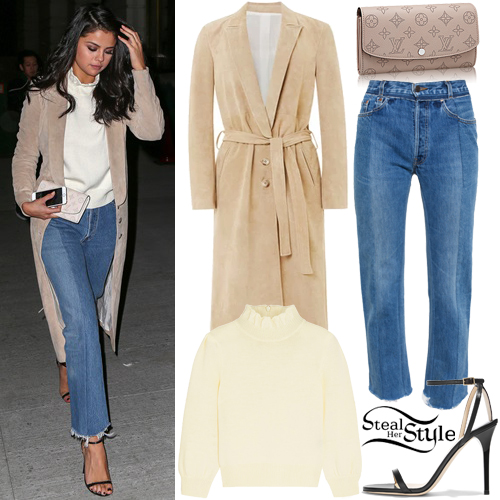 Selena Gomez rocks a beige turtleneck with a Louis Vuitton trench coat  while out shopping in