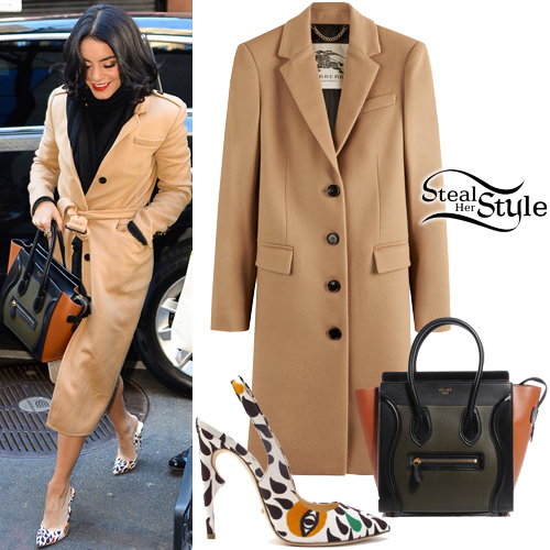 Vanessa Hudgens: Camel Coat, Printed Shoes | Steal Her Style