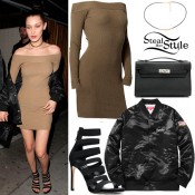 Bella Hadid: Camel Dress, Black Bomber Jacket | Steal Her Style