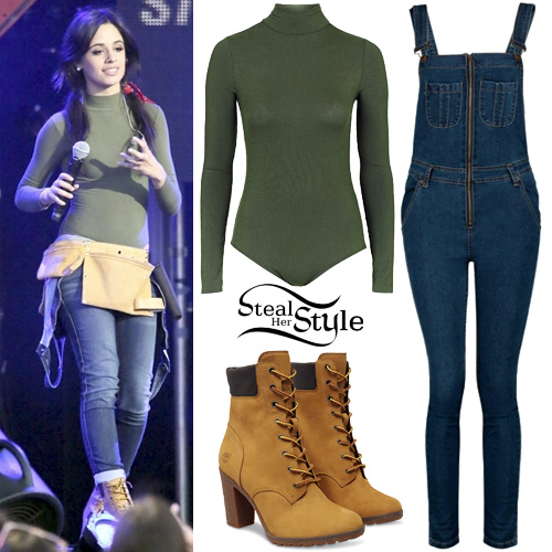 Camila Cabello: Khaki Bodysuit, Zip Dungarees | Steal Her Style