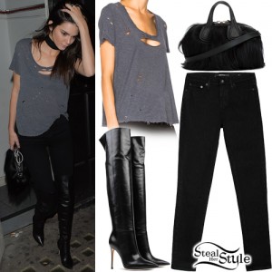 Kendall Jenner: Distressed Tee, Black Jeans | Steal Her Style