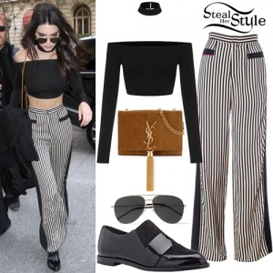 Kendall Jenner: Black Crop Top, Striped Pants | Steal Her Style