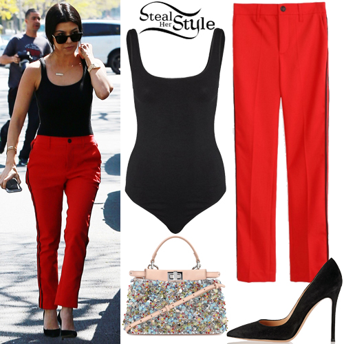 Kourtney Kardashian in red track pants at Tokyo airport on February 26 ~ I  want her style - What celebrities wore and where to buy it. Celebrity Style