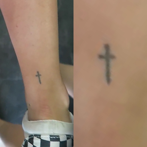 Black Small Cross Tattoo On ankle