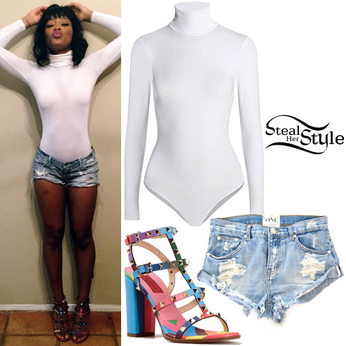 Rihanna: Denim Shorts, White Bodysuit