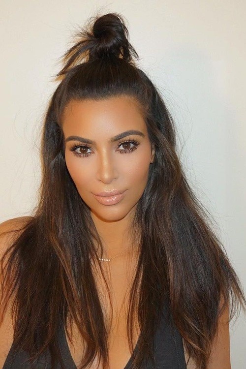 Kim Kardashian Straight Dark Brown Bun Half Up Half Down