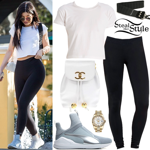 Kylie Jenner in black leggings with white piping and white sneakers ~ I  want her style - What celebrities wore and where to buy it. Celebrity Style