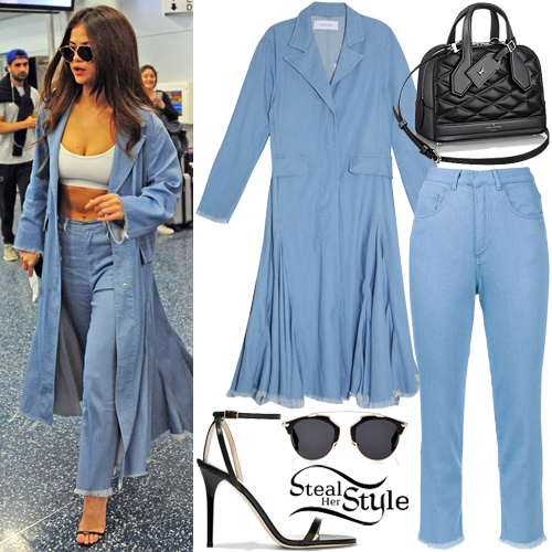 Selena Gomez: Denim Frayed-Hem Coat & Pants
