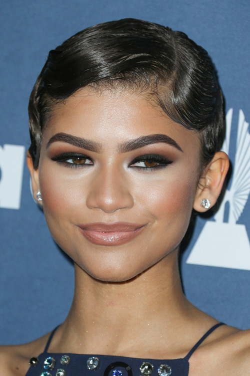 Zendaya Wavy Dark Brown Bun, Pin Curls, Retro, Slicked 