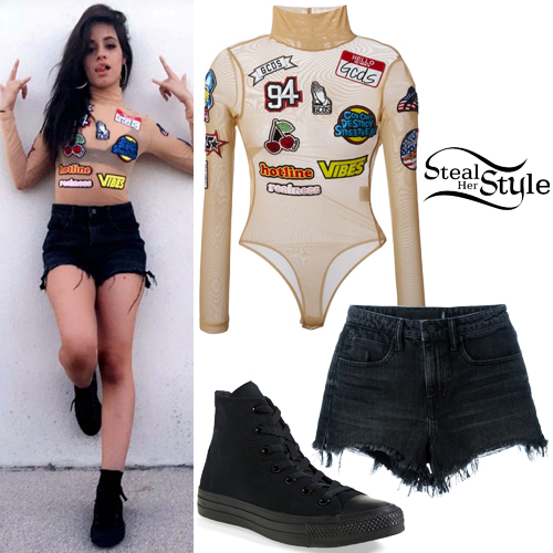 Camila Cabello: Patch Bodysuit, Black Denim Shorts | Steal Her Style