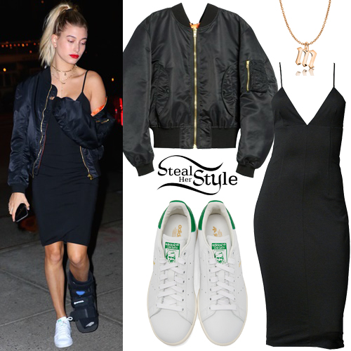 Hailey Baldwin wearing Adidas Stan Smith sneakers at the Tom Ford