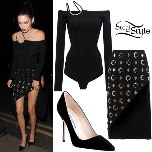 Kendall Jenner: Black Bodysuit, Embellished Skirt | Steal Her Style