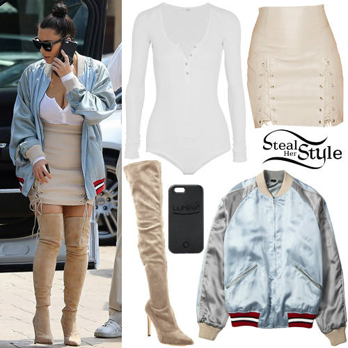 Kim Kardashian: Satin Bomber Jacket, Lace-Up Skirt | Steal Her Style