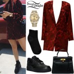 Kylie Jenner: Red Brocade Blazer, Black Sneakers | Steal Her Style