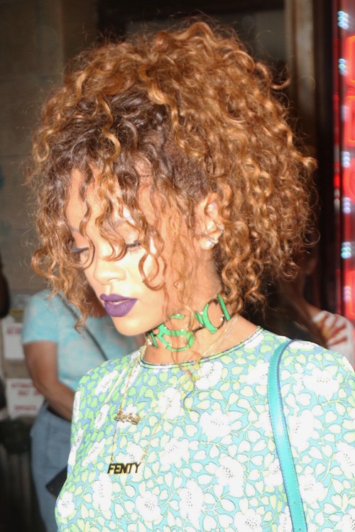 Rihanna Curly Auburn Dark Roots, Face-Framing Pieces, Updo 