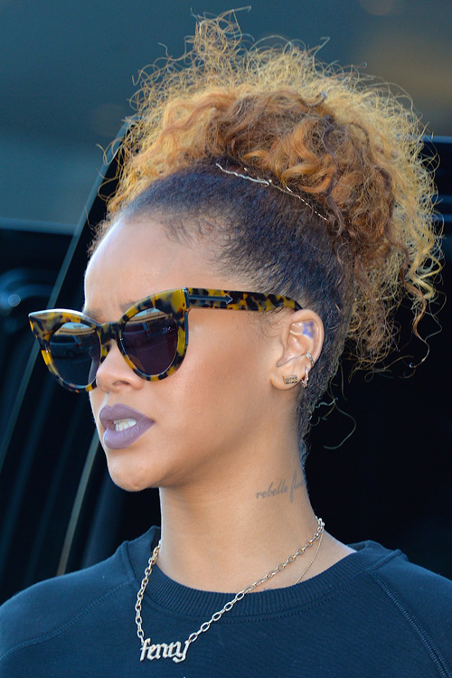 Rihanna Curly Dark Brown Afro, Dark Roots, High Ponytail 