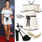 Danielle Campbell: Off-Shoulder Romper, Wrap Sandals