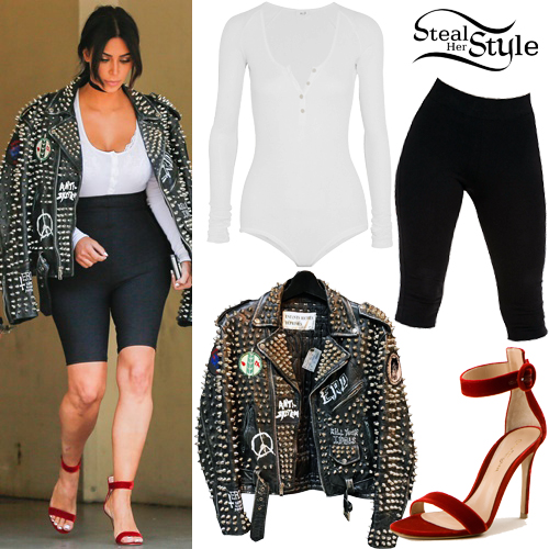 Kim Kardashian: Studded Leather Jacket, Red Sandals | Steal Her Style
