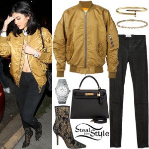 Kylie Jenner: Gold Bomber Jacket, Suede Leggings | Steal Her Style