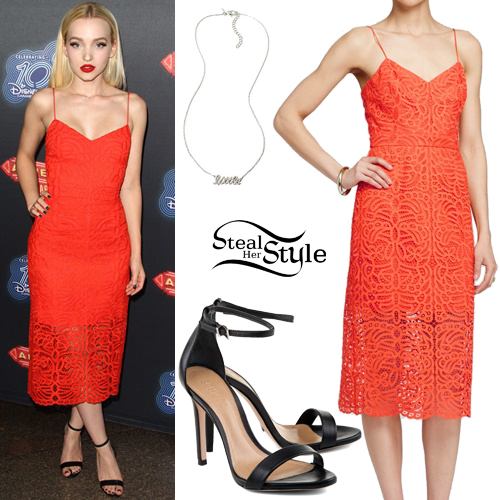 Dove Cameron: Red Lace Dress, Sandals |