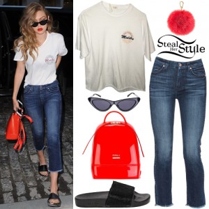 Gigi Hadid: White 'Malibu' Tee, Crop Jeans | Steal Her Style