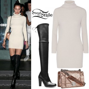Bella Hadid: Knit Turtleneck Dress, Knee Boots | Steal Her Style