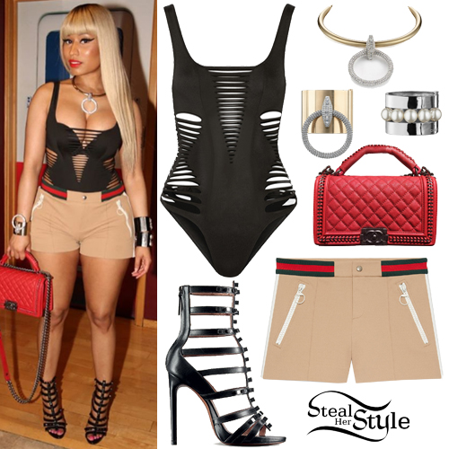 Nicki Minaj: Cutout Swimsuit, Beige Shorts