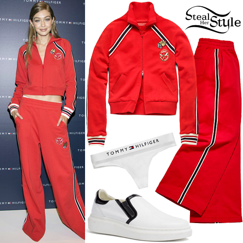 Gigi Hadid: Red Jacket & Sweatpants | Steal Her Style