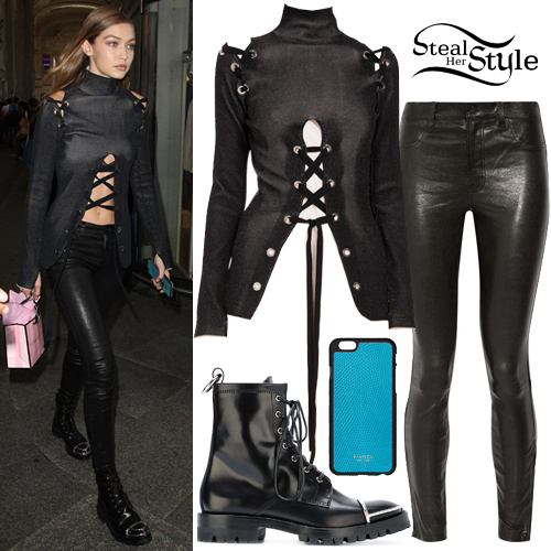 Gigi Hadid: Lace-Up Sweater, Leather Pants | Steal Her Style
