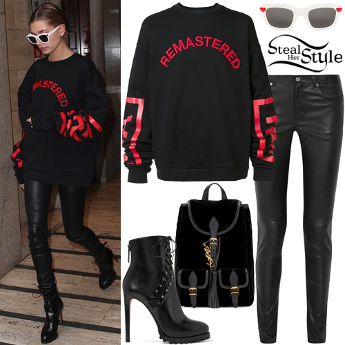 Hailey Baldwin: Black Sweatshirt, Leather Pants | Steal Her Style