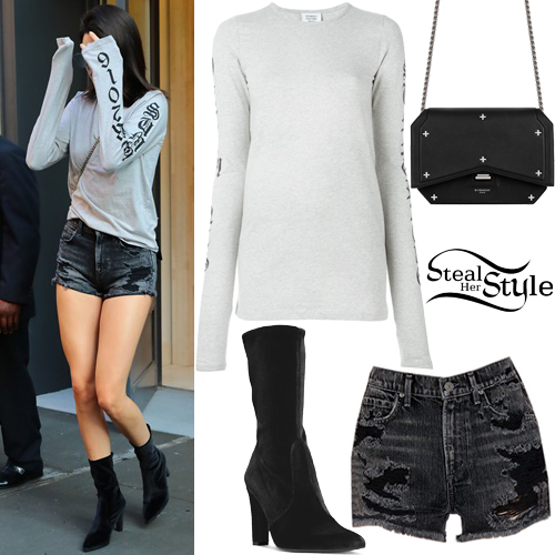 Kendall Jenner: Grey Top, Black Denim Shorts | Steal Her Style