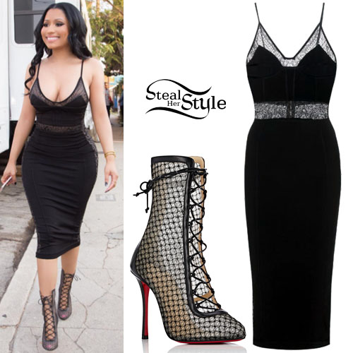 Nicki Minaj: Black Panel Dress, Lace-Up Booties | Steal Her Style