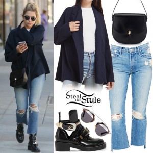 Ashley Benson: Navy Jacket, Crop Ripped Jeans | Steal Her Style