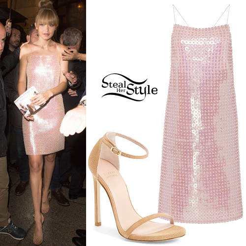 Gigi Hadid: Pink Beaded Dress, Strappy Sandals