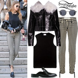 Gigi Hadid: Black Tee, Striped Jeans | Steal Her Style