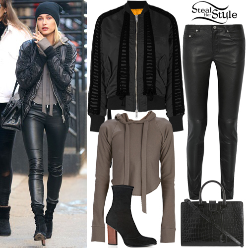 Hailey Baldwin: Black Bomber Jacket, Leather Pants | Steal Her Style