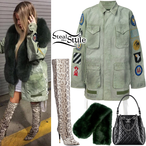 Khloe Kardashian: Military Jacket, Snake Knee Boots | Steal Her Style