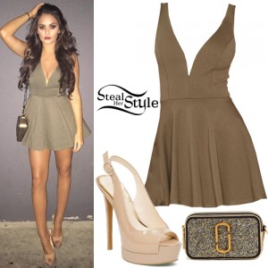 » Madison Pettis: Olive Flared Dress, Nude Platforms
