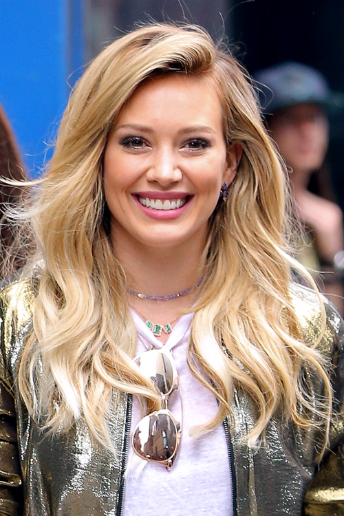 Hilary Duff Wavy Light Brown All-Over Highlights, Angled Hairstyle ...