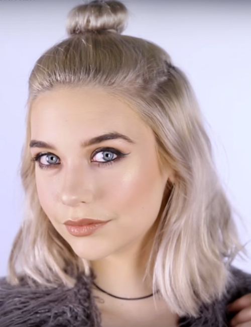 amanda steele straight silver blunt cut bob bun halfup