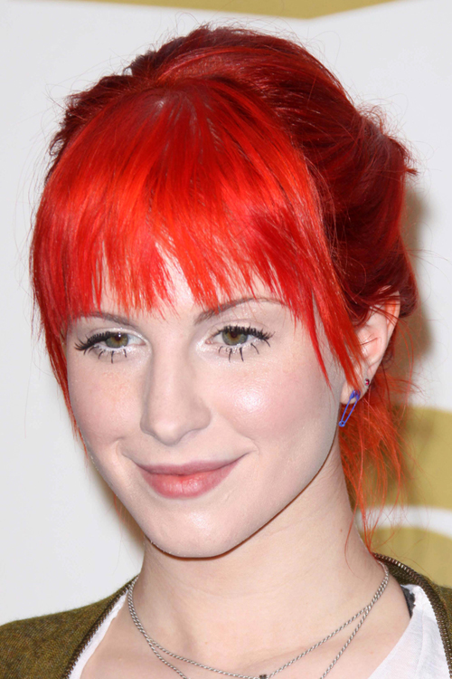 Hayley Williams Straight Red Choppy Bangs, Curved Bangs, Updo Hairstyle