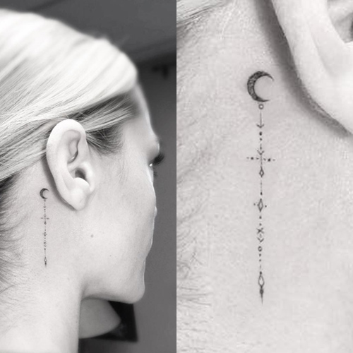 Unique Black Ink Moon Tattoo On Girl Left Behind The Ear