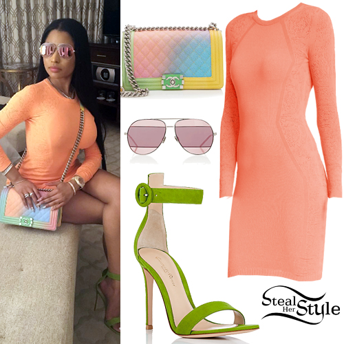 Nicki Minaj: Coral Knit Dress, Green Sandals